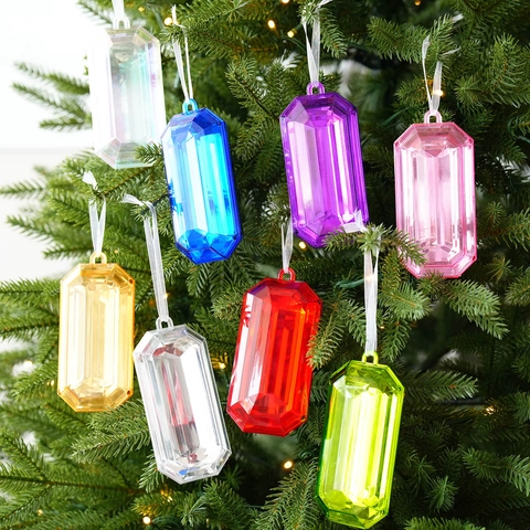 Colorful Gemstone Christmas Tree Ornaments Plastic Acrylic Emerald Cut Transparent Hanging Decorative Pendants For Holiday
