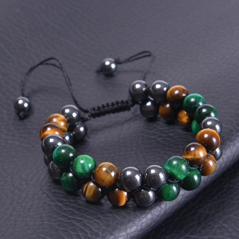 Tiger Eye Hematite Obsidian Double Layer Beaded Bracelet Adjustable Braided Rope Natural Stone Jewelry Unisex
