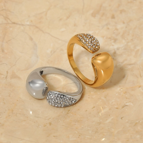 Roestvrijstalen Zirkoon Open Ring Verstelbaar Asymmetrisch Waterdruppel Glad Gepolijst Verguld Mode Sieraden Voor Dames