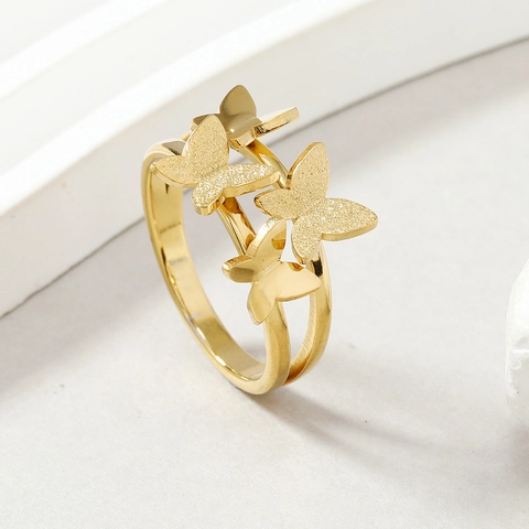 Butterfly Ring Stainless Steel Double Layer Frosted Polished Fashion Jewelry For Women Elegant Trendy