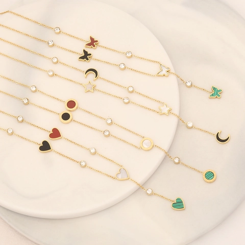 Edelstahl Anhänger Halskette Gold Überzogen Bunt Schmetterling Stern Mond Herz Rund Zirkonia Für Damen