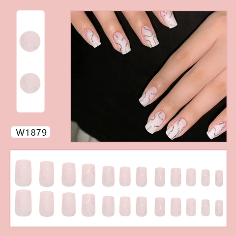 Press On Nagels Mat Lichtroze Franse Stijl Vierkant Ovaal Kunstnagels Met Zilveren Glitter Golvende Lijnen Manicure Decoratie