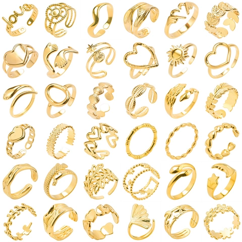 Adjustable Open Rings Stainless Steel Vacuum Plated Vintage Bohemian Geometric Heart Snake Jewelry For Unisex