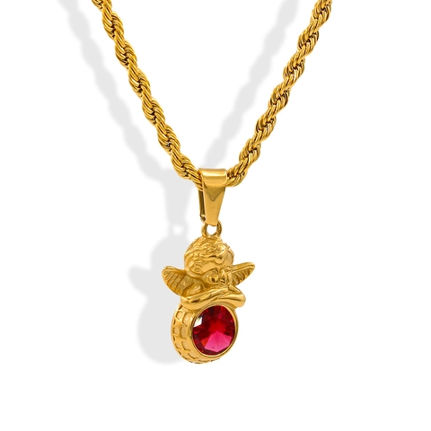 Collana Pendente Angelo Custode Acciaio Inossidabile Pietra Portafortuna Rotonda Catena Corda Gioielli
