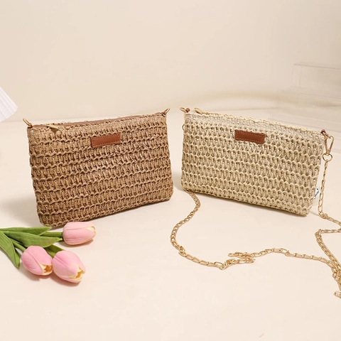 Borsa A Tracolla In Paglia Intrecciata Donna Pochette Quadrata Vacanze Spiaggia Estate Con Catena In Metallo Zip Chic