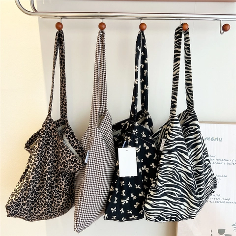 Borsa Tote In Tela Da Donna 100% Cotone Grande Capacità Borsa A Spalla Shopping Stampa Floreale Leopardata Stile Coreano