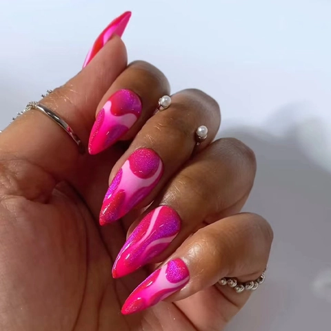 Faux Ongles À Presser Forme Amande Rose Rouge Motif Vagues Paillettes Brillant Ongles Amovibles Pour Femmes Manucure Mode