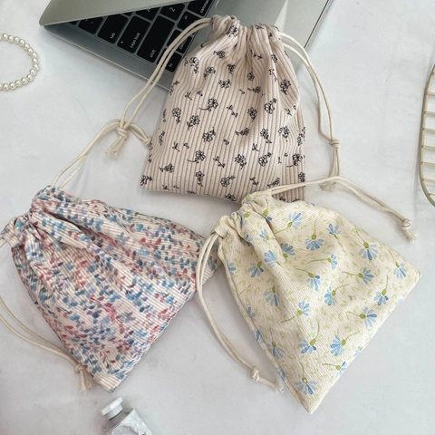 Corduroy Floral Drawstring Storage Bag Portable Travel Cosmetic Pouch Dustproof Organizer For Skincare Makeup Polka Dots