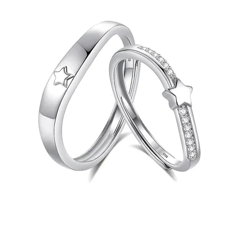 S925 Sterling Silver Star Couple Rings Set Adjustable Open Rhinestone Finger Ring For Women Men Romantic Fashion Jewelry