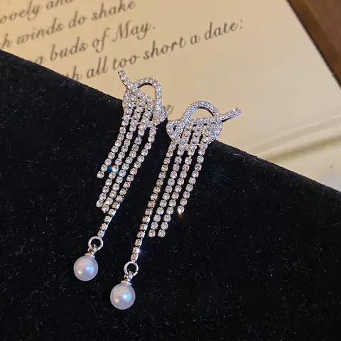 Long Drop Tassel Earrings With Silver Earring Post Alloy Zircon Faux Artificial Pearl Knotted Design Elegant Fashion For Women