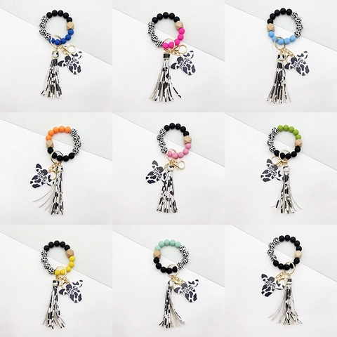 Silicone Wood Bead Keychain Wristlet Cow Print Tassel Mama Letter Cow Head Charm Western Style Jewelry For Women