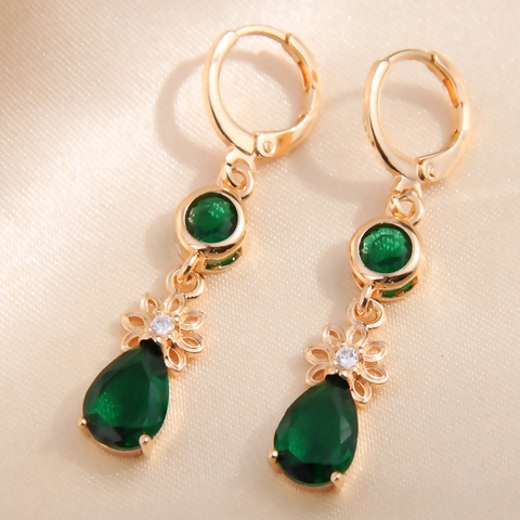Gold Plated Copper Water Drop Dangle Earrings For Women Green Teardrop Rhinestone Flower Vintage Fashion Jewelry Party Gift