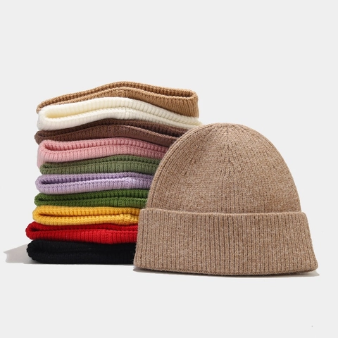 Gorro De Punto Beanie Para Hombre Mujer Color Sólido Acrílico Nervado Con Vuelta Invierno Cálido Exterior Skull Cap Moda
