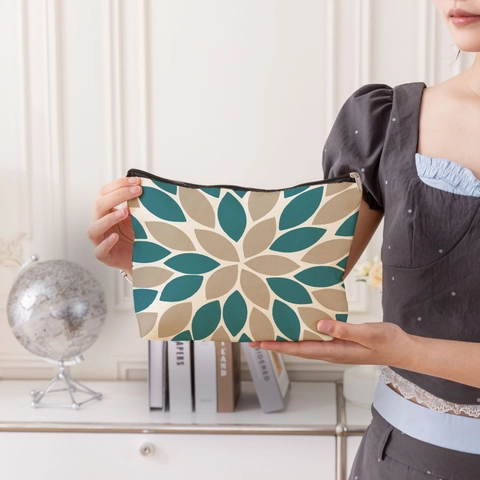 Geometrisch Bedruckte Kosmetiktasche Aus Leinen Mit Großer Kapazität Tragbare Make-Up Tasche Mit Reißverschluss Und Handschlaufe