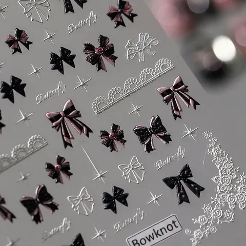5D Relief Nail Stickers 3D Self-Adhesive Pink Black Bowknot Lace Star Manicure Decals For DIY Nail Art Decoration