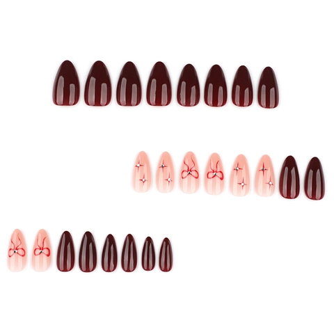 Bourgondië Press On Nails Amandelvorm Kunstnagels Rode Strik En Strass Sterpatroon Glanzende Plastic Manicure Voor Vrouwen
