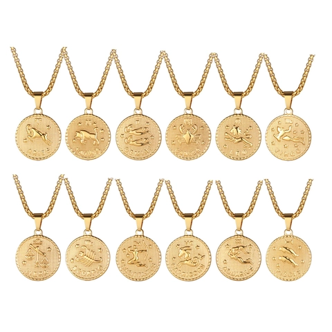 Stainless Steel Zodiac Sign Coin Pendant Necklace Men Women Gold Plated 3D Embossed Constellation Fashion Jewelry Gift