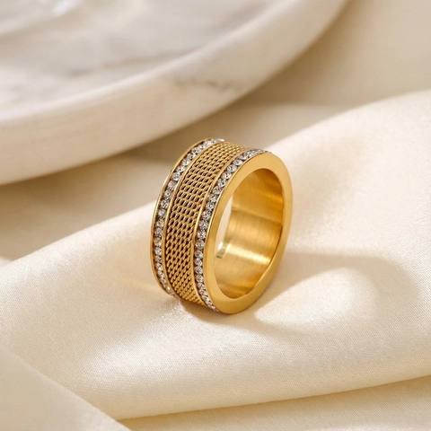 Stainless Steel Ring Woven Mesh Texture Sparkling Rhinestone Wide Band Punk Unisex Fashion Finger Jewelry