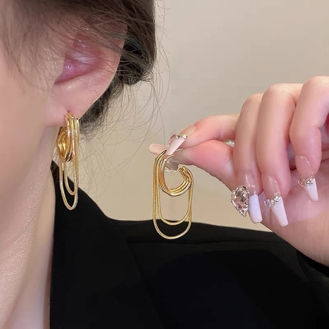Geometric Multi-Layer Chain Long Tassel Drop Earrings Alloy Jewelry With 925 Sterling Silver Earring Post For Women