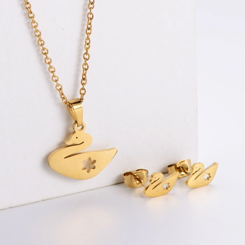 Set In Acciaio Inossidabile Collana E Orecchini Cigno Dorato Con Motivo Floreale Cavo Gioielli Eleganti Per Donne