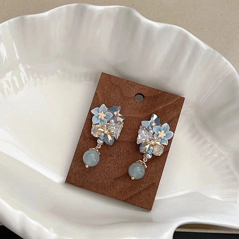 Blauwe Bloemen Hangoorbellen Met 925 Sterling Zilveren Oorsteker Zirkonia Kristal Hars Bloem Zoete Elegante Sieraden Voor Dames