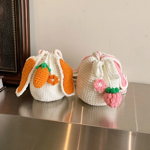 Handmade Crochet Woven Crossbody Bucket Bag Cute Rabbit Ears Woolen Yarn Drawstring Novelty Purse For Women Girls