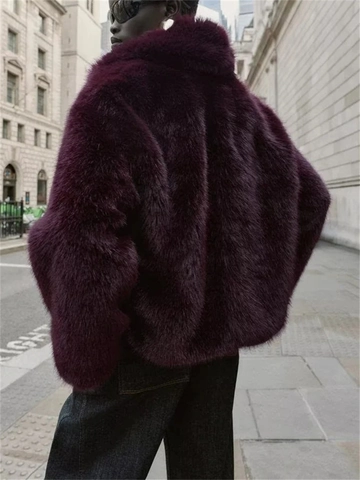 Women Faux Fur Jacket Oversized Lapel Leather Buckle Winter Warm Coat Short Outwear