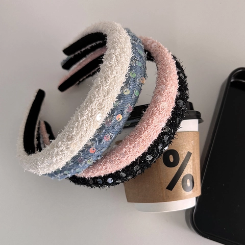 Elegante Gewatteerde Hoofdband Pailletten Tweed Denim Stof Haarring Franse Stijl Dikke Accessoire Vrouwen