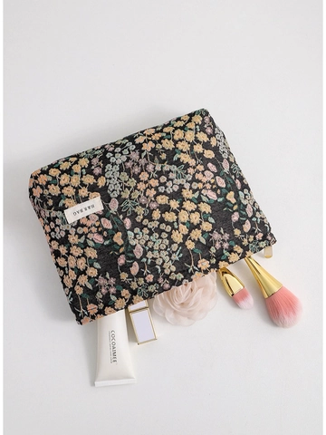 Trousse De Maquillage Jacquard Florale Portable Toile Sac Cosmétique Grande Capacité Voyage Organisateur De Rangement Pour Femmes