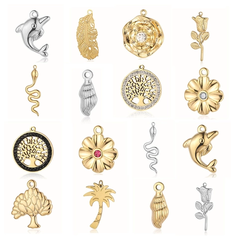 Stainless Steel Pendants Gold Plated Dolphin Rose Flower Tree Of Life Snake Wing Charms French Vintage DIY Jewelry Making