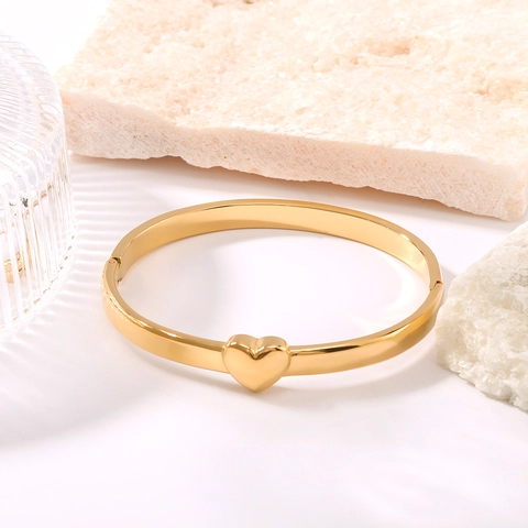 Heart Charm Bangle Bracelet 18K Gold Plated Stainless Steel Polished High Shine Minimalist Trendy Jewelry Accessory