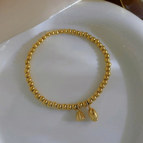 Bracciale Con Perline Di Loto In Acciaio Al Titanio Placcato Oro 18K Ciondolo Tulipano Gioielli Eleganti Minimalisti Da Donna
