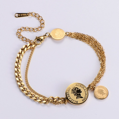 Vintage Stainless Steel Multi Layer Chain Bracelet With Queen Portrait Coin Pendant Gold Plated Jewelry For Women