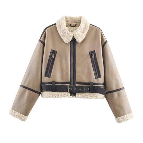 Women Short Aviator Jacket Faux Leather Shearling Moto Coat Lapel Zipper Pockets Buckle Hem Warm Casual