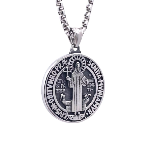 Sint Benedictus Medaille Hanger Ketting Roestvrij Staal Reliëf Ronde Munt Religieus Kruis Retro Sieraden Heren Dames