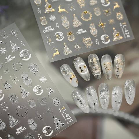 Christmas Nail Art Stickers Embossed Relief Snowflakes Reindeer Gold Silver Holiday Manicure Decoration Women