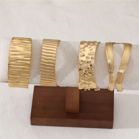 Brazalete Ancho Acero Inoxidable Mujer Textura Martillada Ondulada Pulsera Abierta Moda No Se Desvanece Joyería Minimalista