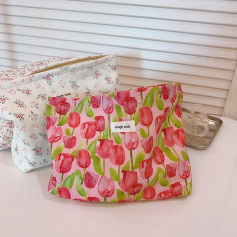 Florale Baumwolle Kosmetikbeutel Reißverschlusstasche Reise Organizer Clutch Für Frauen Vintage Pastoral Stil Leinwand Futter