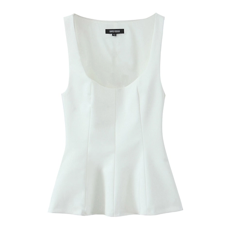 Débardeur Peplum Femme Sans Manches Col Rond Structuré Coupe Ajustée Polyester Chic Élégant Uni Mode Été