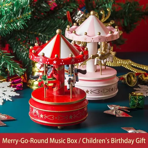Carousel Music Box Rotating Mechanical Wind Up Wooden Plastic Classic Retro Style Desktop Ornament For Christmas Birthday Gift