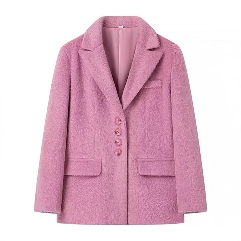 Women Plush Fuzzy Blazer Jacket Lapel Collar Single Breasted Solid Color Faux Fur Outerwear With Pockets
