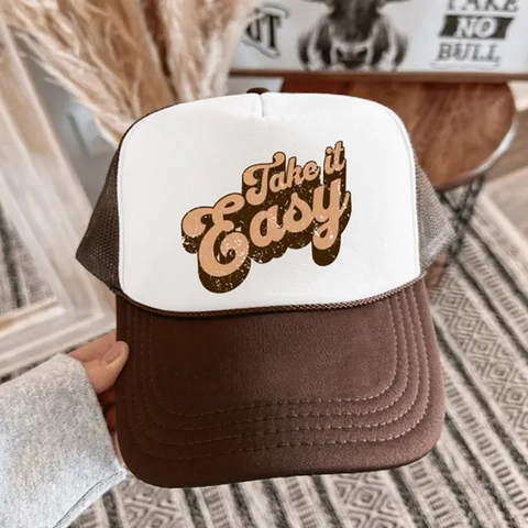 Cappello Trucker Retro Stampa Take It Easy Mesh Traspirante Regolabile Baseball Vintage Esterno Protezione Solare Uomo Donna