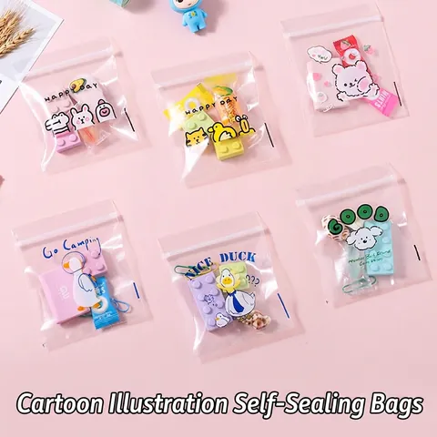 Transparent Cartoon Zip Lock Bags PE Plastic Thickened Small Storage Pouches For Jewelry Snacks Stationery Portable Cute Pattern Organizer
