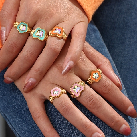 Cute Stainless Steel Enamel Flower Ring For Women Gold Plated Colorful Rhinestone Dainty Floral Finger Ring Jewelry Gift