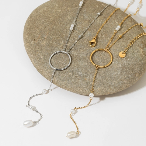 Collana Lariat Perla Artificial In Acciaio Inossidabile Ciondolo Anello Tondo Nappa Lunga Catena Maglione Minimalista Elegante Da Donna