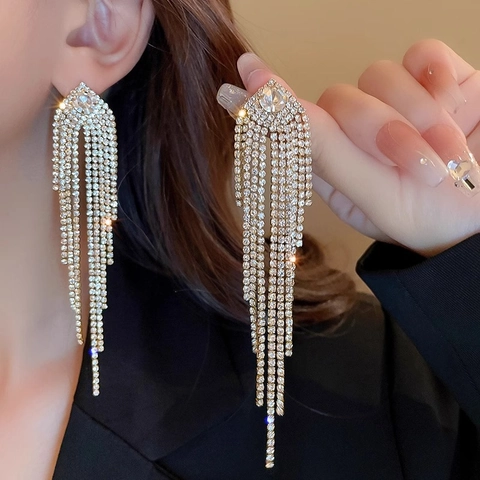 Lange Quasten Ohrringe Kupfer Zirkon Geometrische Luxus Strass Mit Silver Earring Post Für Frauen Mode Elegant