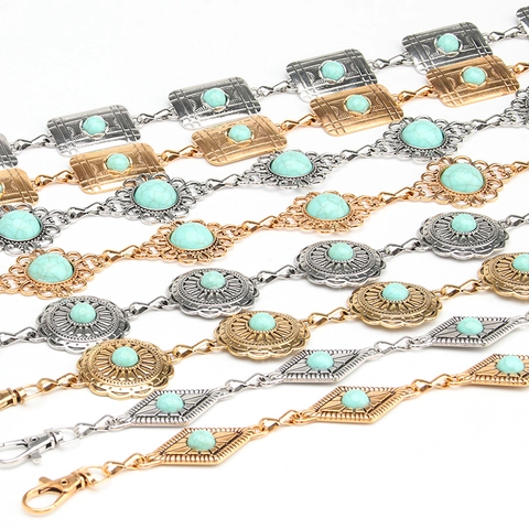 Women Waist Chain Belt Vintage Metal Ethnic Bohemian Style Turquoise Stone Inlaid Adjustable Accessories For Dresses