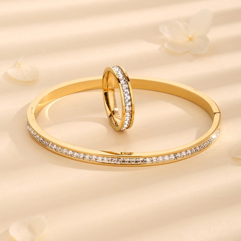 Stainless Steel Bangle And Ring With Square Cubic Zirconia 18K Gold Plated Polished Minimalist Luxury Jewelry Women