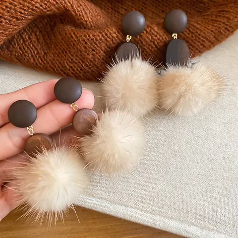 Pendientes Colgantes Geométricos Retro De Madera Con Pompones Y Poste De Plata De Ley 925 Joyería De Otoño Invierno