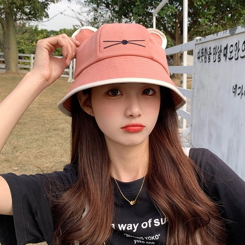 Cute Cat Ear Bucket Hat Cotton Breathable Sunshade Outdoor Fisherman Cap Kawaii Cartoon Style For Women